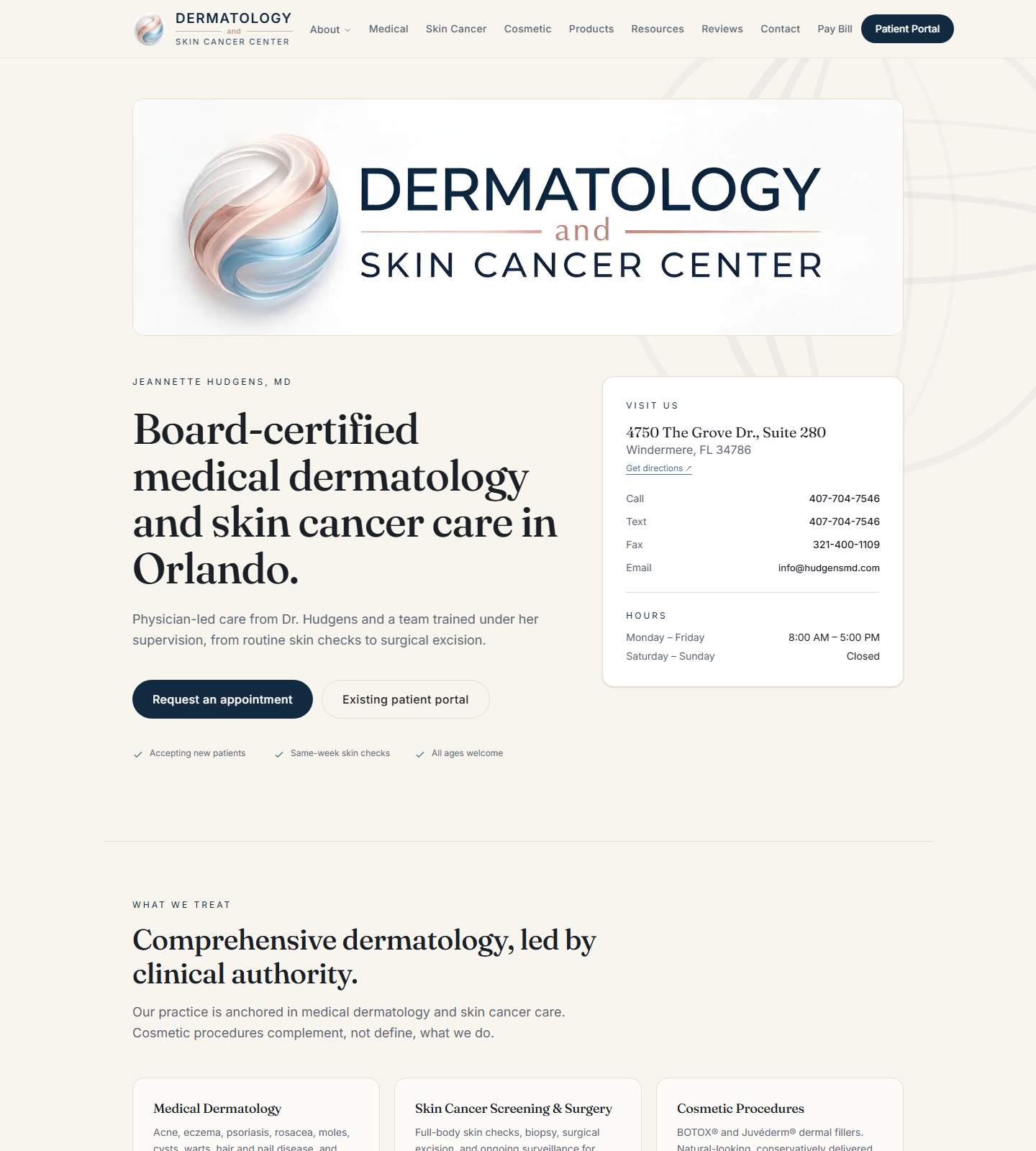 Dermatology and Skin Cancer Center — Dermatology and Skin Cancer Center: Jeannette L. Hudgens website homepage (Windermere, FL)