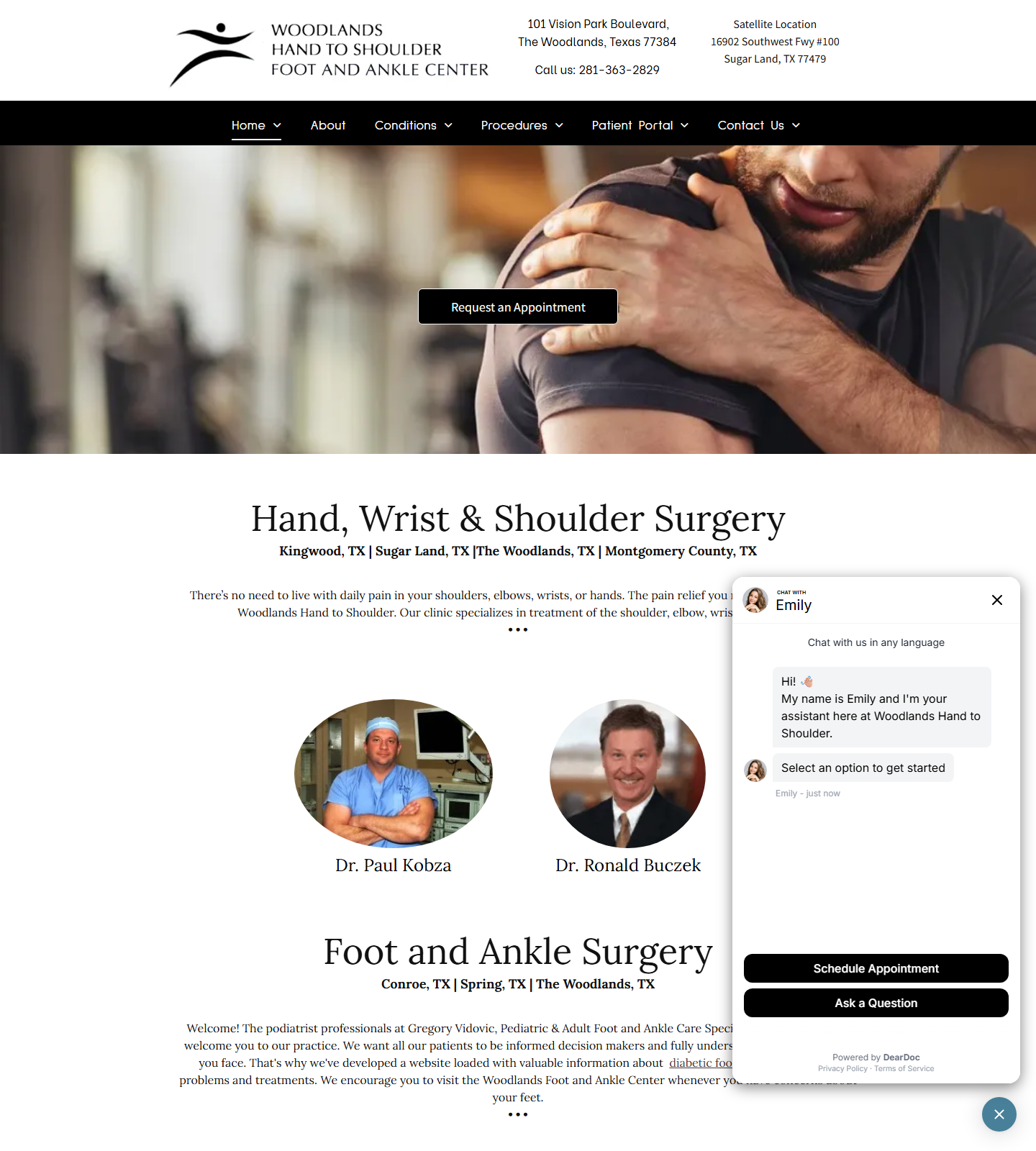Woodlands Hand To Shoulder, Foot to Ankle Associates — Woodlands Hand To Shoulder, Foot to Ankle Associates website homepage (Shenandoah, TX plastic & cosmetic surgery)